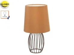 LED Tischleuchte AKIN mit braunem Stoffschirm und Metallgitter, Höhe 29cm