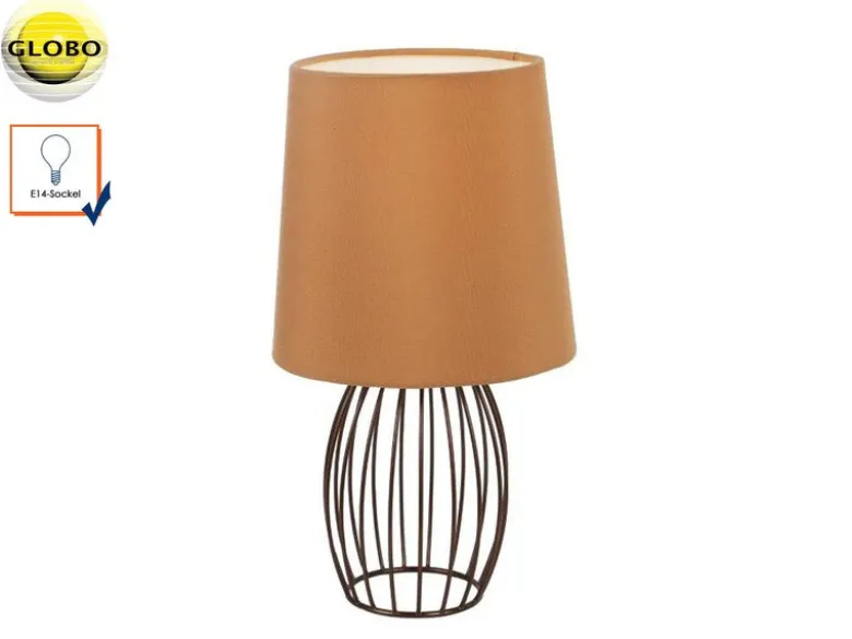 LED Tischleuchte AKIN mit braunem Stoffschirm und Metallgitter, Höhe 29cm