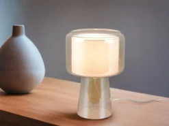 LED Tischleuchte aus Glas Bernsteinfarben mit Stoffschirm innen, Höhe 29cm