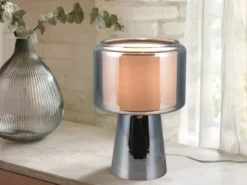 LED Tischleuchte aus Glas Silber Chrom mit Stoffschirm innen, Höhe 29cm