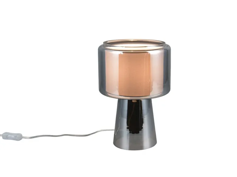 LED Tischleuchte aus Glas Silber Chrom mit Stoffschirm innen, Höhe 29cm