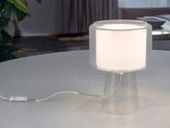 LED Tischleuchte aus Glas Transparent mit Stoffschirm innen, Höhe 29cm