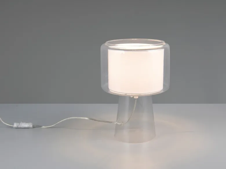 LED Tischleuchte aus Glas Transparent mit Stoffschirm innen, Höhe 29cm