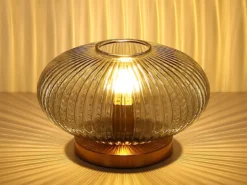 LED Tischleuchte aus Rauchglas Rillenglas Messing, Höhe 20cm