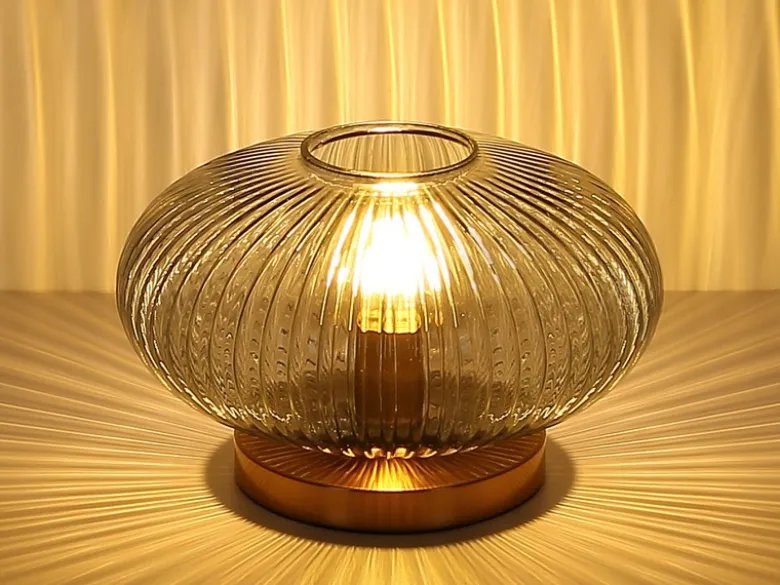 LED Tischleuchte aus Rauchglas Rillenglas Messing, Höhe 20cm
