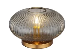 LED Tischleuchte aus Rauchglas Rillenglas Messing, Höhe 20cm