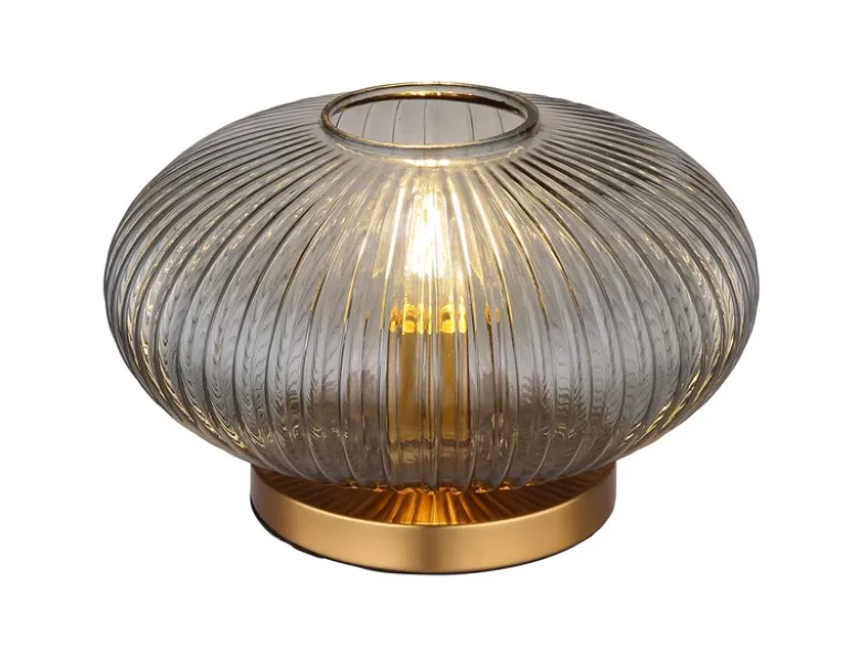 LED Tischleuchte aus Rauchglas Rillenglas Messing, Höhe 20cm