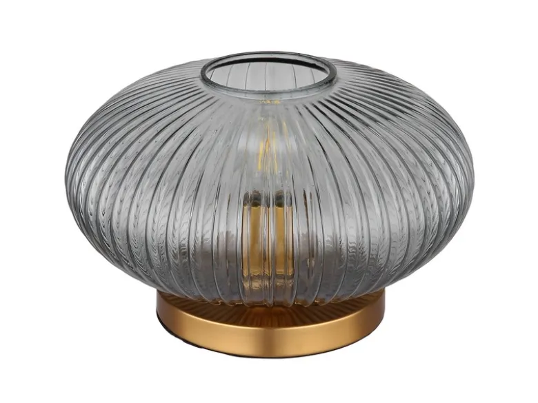 LED Tischleuchte aus Rauchglas Rillenglas Messing, Höhe 20cm