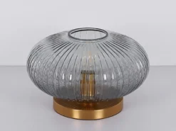 LED Tischleuchte aus Rauchglas Rillenglas Messing, Höhe 20cm