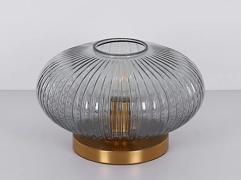 LED Tischleuchte aus Rauchglas Rillenglas Messing, Höhe 20cm