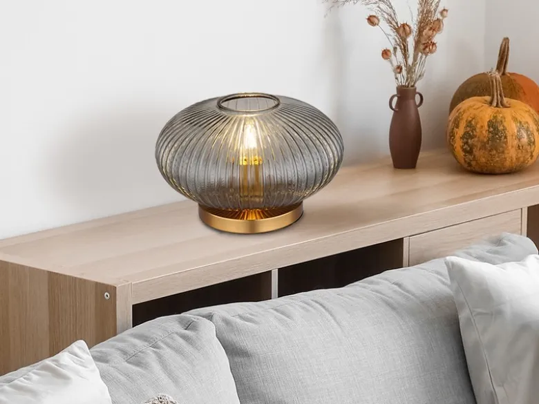 LED Tischleuchte aus Rauchglas Rillenglas Messing, Höhe 20cm