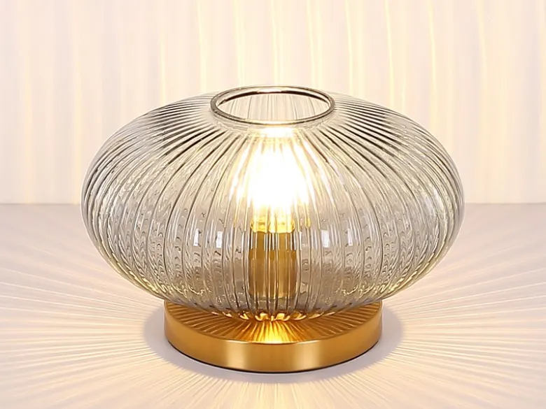 LED Tischleuchte aus Rauchglas Rillenglas Messing, Höhe 20cm
