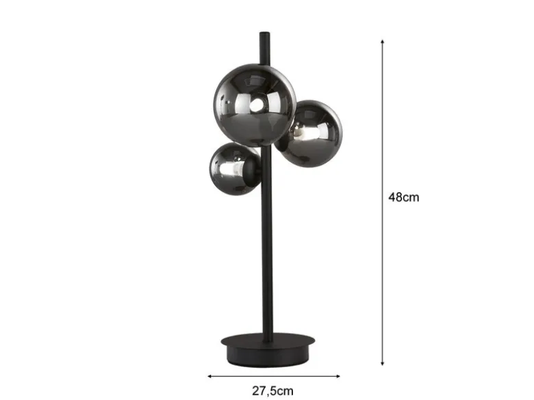 LED Tischleuchte BALA Schwarz mit 3 Rauchglas Kugeln, Höhe 48cm