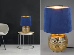 LED Tischleuchte Blau/Gold Keramikfuß Samtschirm, Höhe 26cm