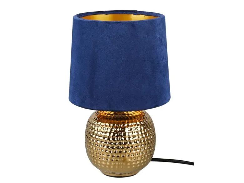 LED Tischleuchte Blau/Gold Keramikfuß Samtschirm, Höhe 26cm