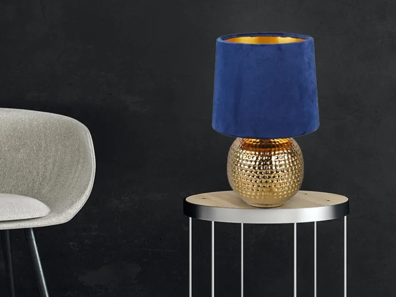 LED Tischleuchte Blau/Gold Keramikfuß Samtschirm, Höhe 26cm