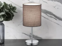 LED Tischleuchte Chrom mit Stoffschirm in Grau, Höhe 28cm