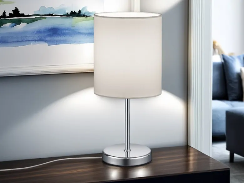 LED Tischleuchte Chrom mit Stoffschirm in Weiß, Höhe 28cm