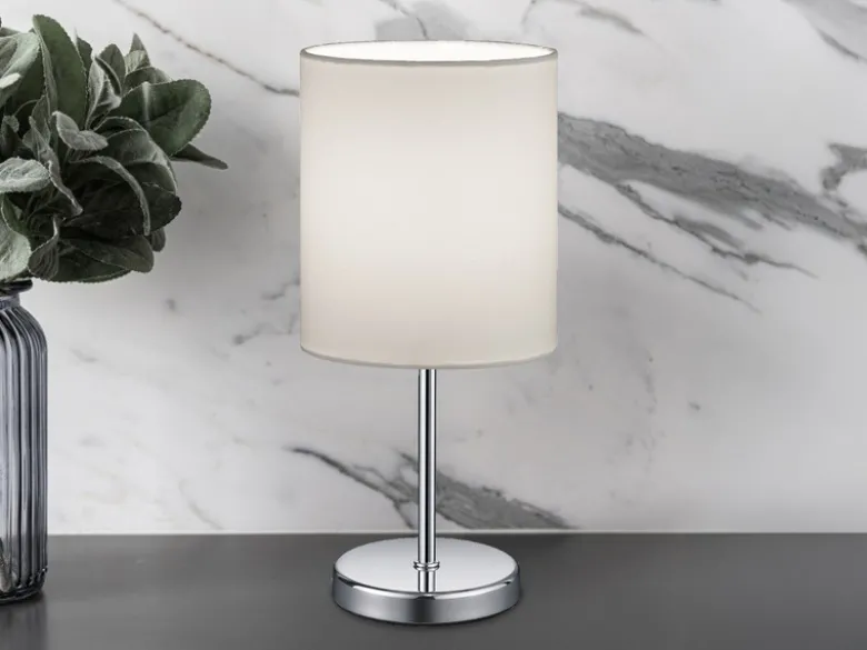 LED Tischleuchte Chrom mit Stoffschirm in Weiß, Höhe 28cm