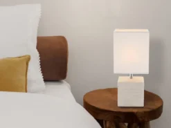 LED Tischleuchte eckig Weiß mit Keramikfuß und Stoffschirm, Höhe 29cm