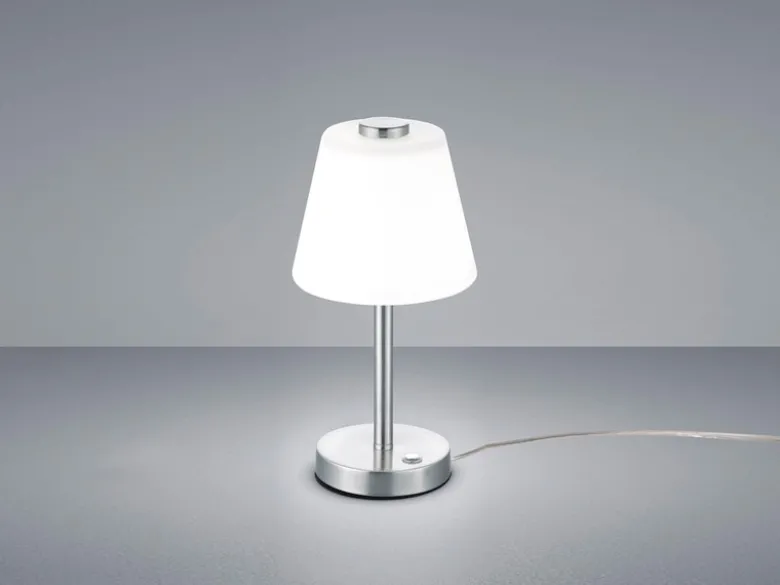 LED Tischleuchte EMERALD Chrom glänzend mit Glaslampenschirm in Weiß, Höhe 29cm