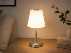 LED Tischleuchte EMERALD Silber matt, Glaslampenschirm Weiß, Höhe 29cm