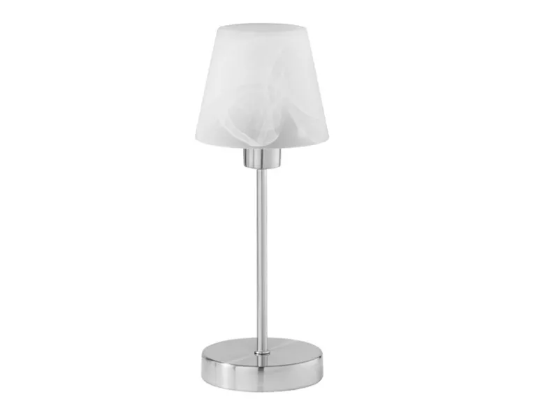 LED Tischleuchte Glasschirm Weiß Sockel Silber - Touch dimmbar, Höhe 32cm