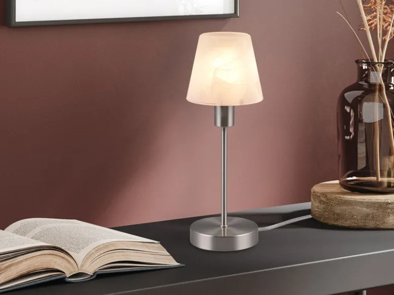 LED Tischleuchte Glasschirm Weiß Sockel Silber - Touch dimmbar, Höhe 32cm