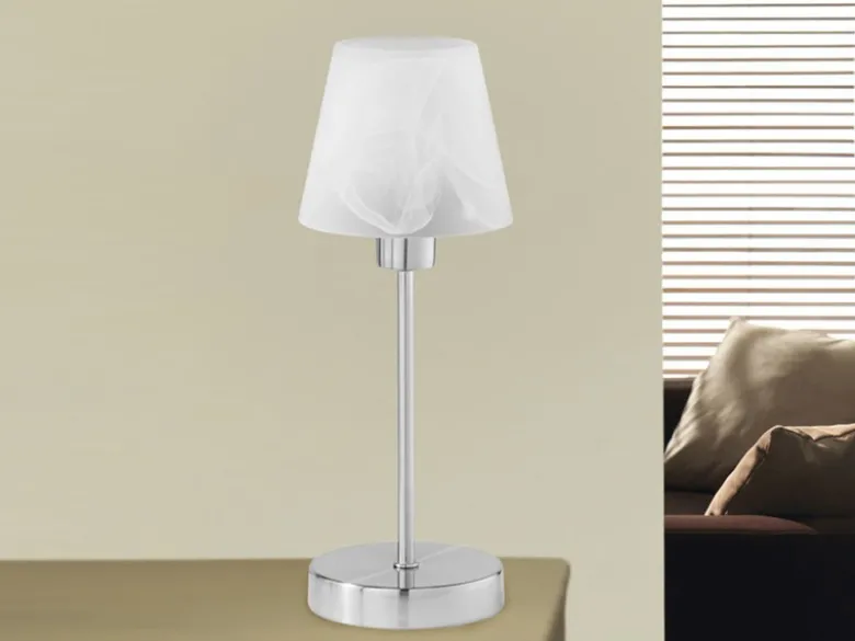 LED Tischleuchte Glasschirm Weiß Sockel Silber - Touch dimmbar, Höhe 32cm