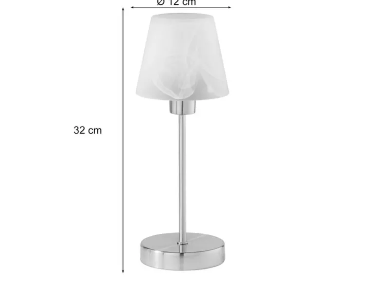 LED Tischleuchte Glasschirm Weiß Sockel Silber - Touch dimmbar, Höhe 32cm