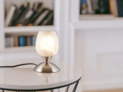 LED Tischleuchte Glasschirm Weiß marmoriert, Silber - Touch dimmbar, Höhe 18cm