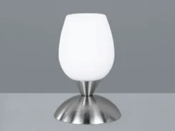 LED Tischleuchte Glasschirm Weiß, Sockel Silber - Touch dimmbar, Höhe 18cm