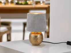 LED Tischleuchte Grau/Gold Keramikfuß Samtschirm, Höhe 26cm