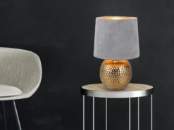 LED Tischleuchte Grau/Gold Keramikfuß Samtschirm, Höhe 26cm