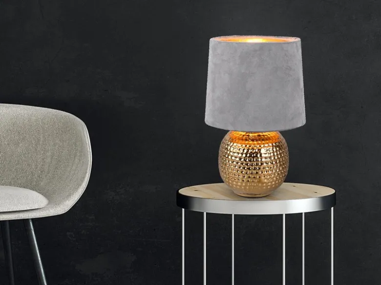LED Tischleuchte Grau/Gold Keramikfuß Samtschirm, Höhe 26cm