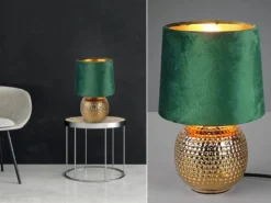 LED Tischleuchte Grün/Gold Keramikfuß Samtschirm, Höhe 26cm