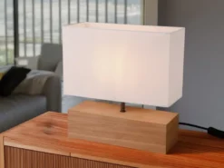 LED Tischleuchte Holzfuß mit Stoffschirm in Weiß, Höhe 30cm