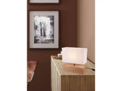 LED Tischleuchte Holzfuß mit Stoffschirm in Weiß, Höhe 30cm