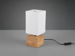 LED Tischleuchte Holzfuß mit Stoffschirm in Weiß, Höhe 30cm