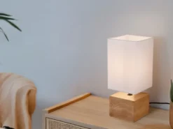 LED Tischleuchte Holzfuß mit Stoffschirm in Weiß, Höhe 30cm