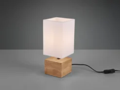 LED Tischleuchte Holzfuß mit Stoffschirm in Weiß, Höhe 30cm