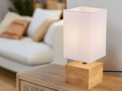 LED Tischleuchte Holzfuß mit Stoffschirm in Weiß, Höhe 30cm