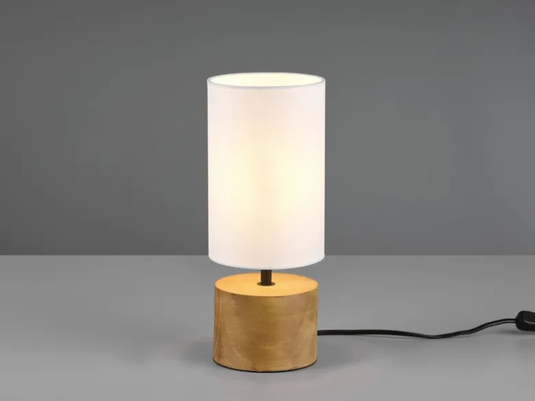 LED Tischleuchte Holzfuß mit Stoffschirm in Weiß, Höhe 30cm