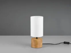 LED Tischleuchte Holzfuß mit Stoffschirm in Weiß, Höhe 30cm