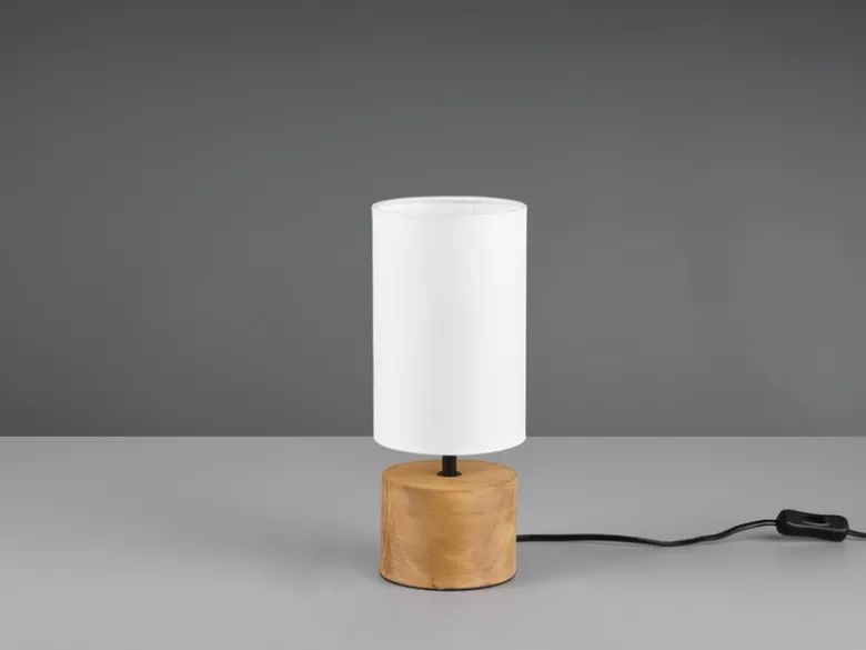 LED Tischleuchte Holzfuß mit Stoffschirm in Weiß, Höhe 30cm