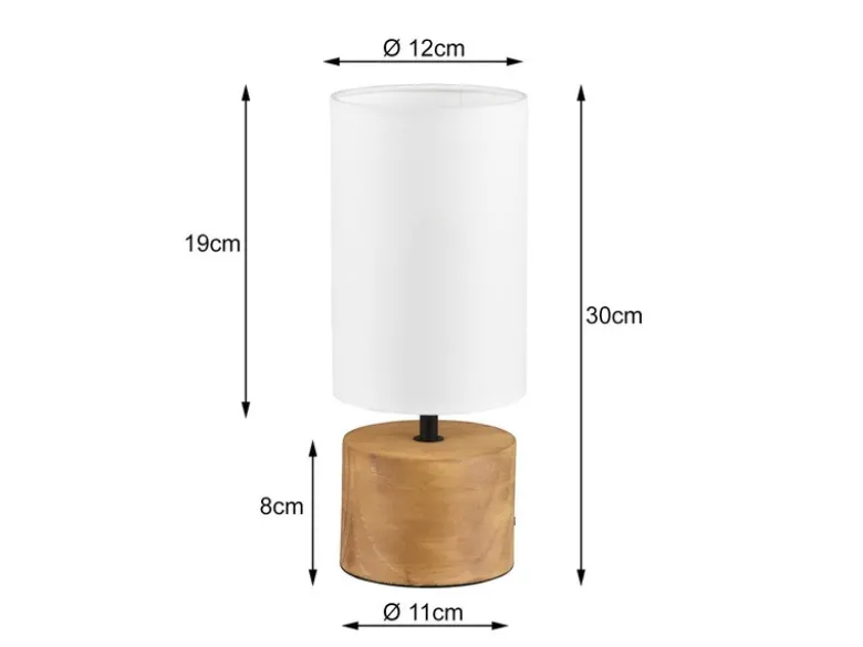 LED Tischleuchte Holzfuß mit Stoffschirm in Weiß, Höhe 30cm
