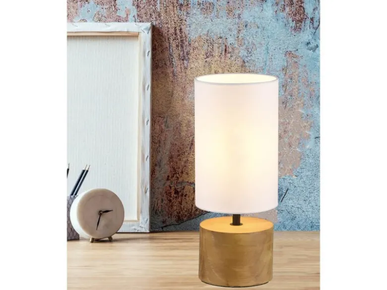 LED Tischleuchte Holzfuß mit Stoffschirm in Weiß, Höhe 30cm
