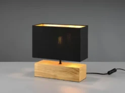 LED Tischleuchte Holzfuß Stoffschirm Schwarz/Gold, Höhe 30cm