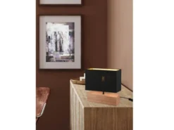 LED Tischleuchte Holzfuß Stoffschirm Schwarz/Gold, Höhe 30cm