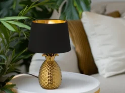 LED Tischleuchte Keramik Ananas Gold mit Stoffschirm Schwarz Gold, Höhe 43cm